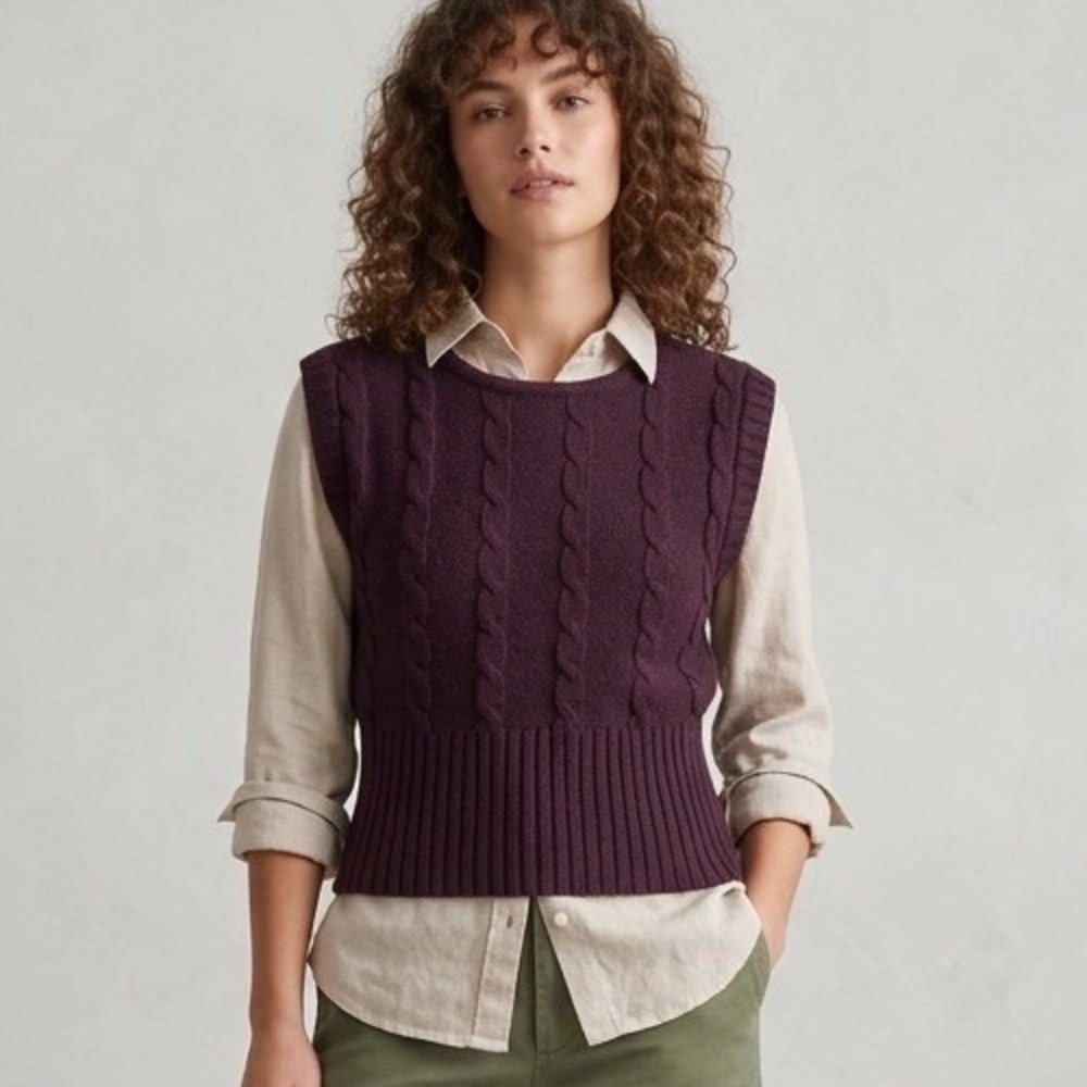 Women M Dark Academia Cable Knit Sweater Vest Classic Preppy Twee Purple